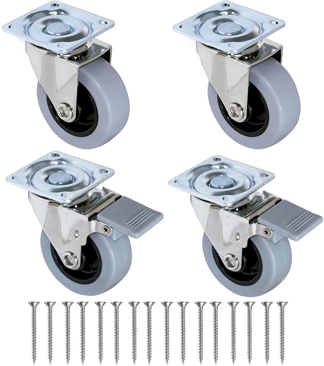 Set van 4 meubelwielen, 50 mm, grijs, 2 zonder rem + 2 met rem + 16 schroeven, bevestiging met plaat, 360° draaibare wielen voor wagen, werkbank en zware meubels, hoog draagvermogen
