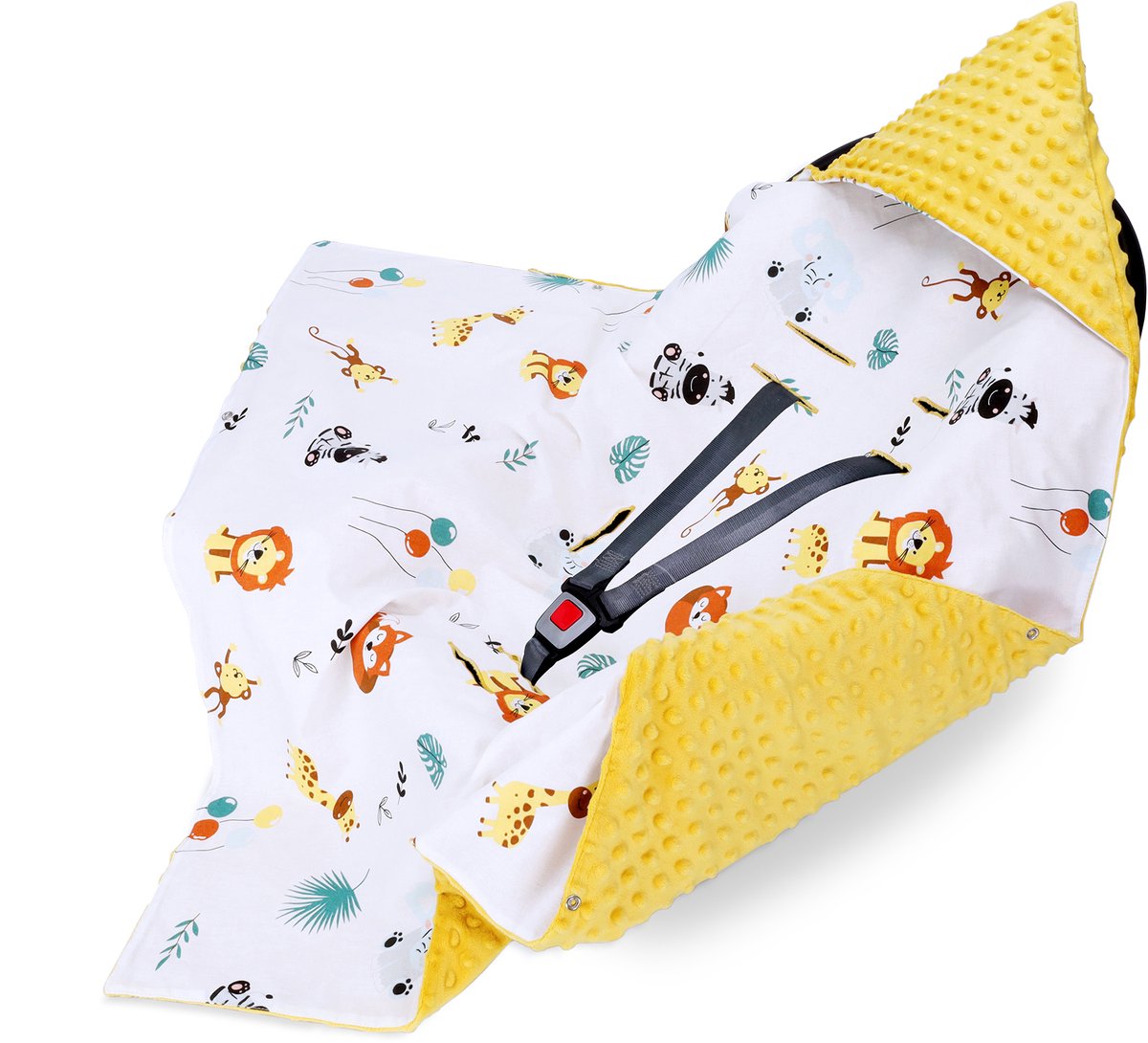 Inbakerdeken voor autostoel en kinderwagen – zachte Minky babydeken dubbelzijdig met capuchon voor pasgeborenen – Hele jaar bruikbaar onderweg en thuis 90×90 cm Safari-toffee Oeko-Tex