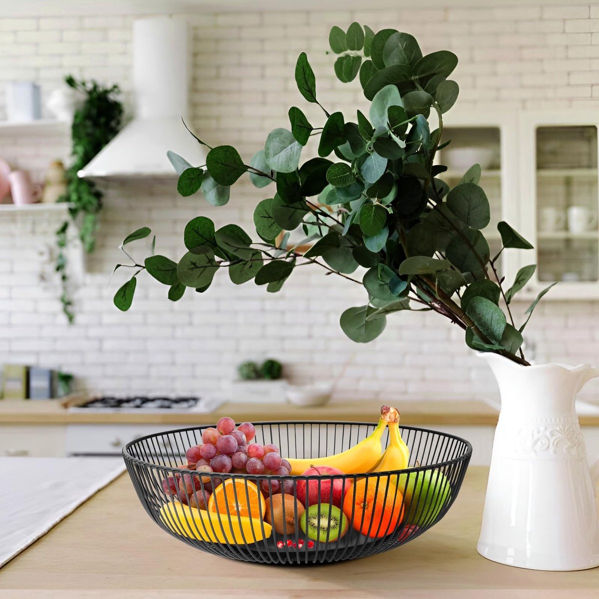 Fruitschaal, set van 2 stuks, zwart mat, metalen fruitmand rond in modern draaddesign, 28 cm grote decoratieve schaal voor fruit, groenten en brood, luchtige opbergmand voor keuken en eettafel