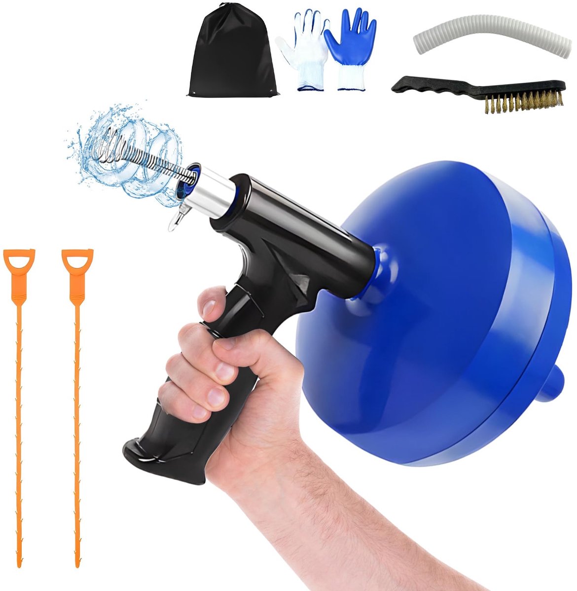 Ontstopper, 7,6 m, handmatig of met boormachine, set met mini-ontstopper, handschoenen, tas, borstel en staven, geschikt voor keuken, gootsteen, douche