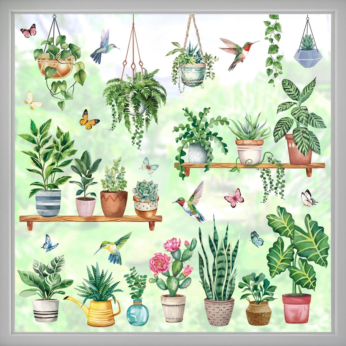 wondever Raamstickers Groene Potplant Raamstickers Hangende Planten Bladeren Vogels Raamfoto's Raamstickers Anti-botsing Dubbelzijdige PVC Glassticker Zomer Glasdecoratie