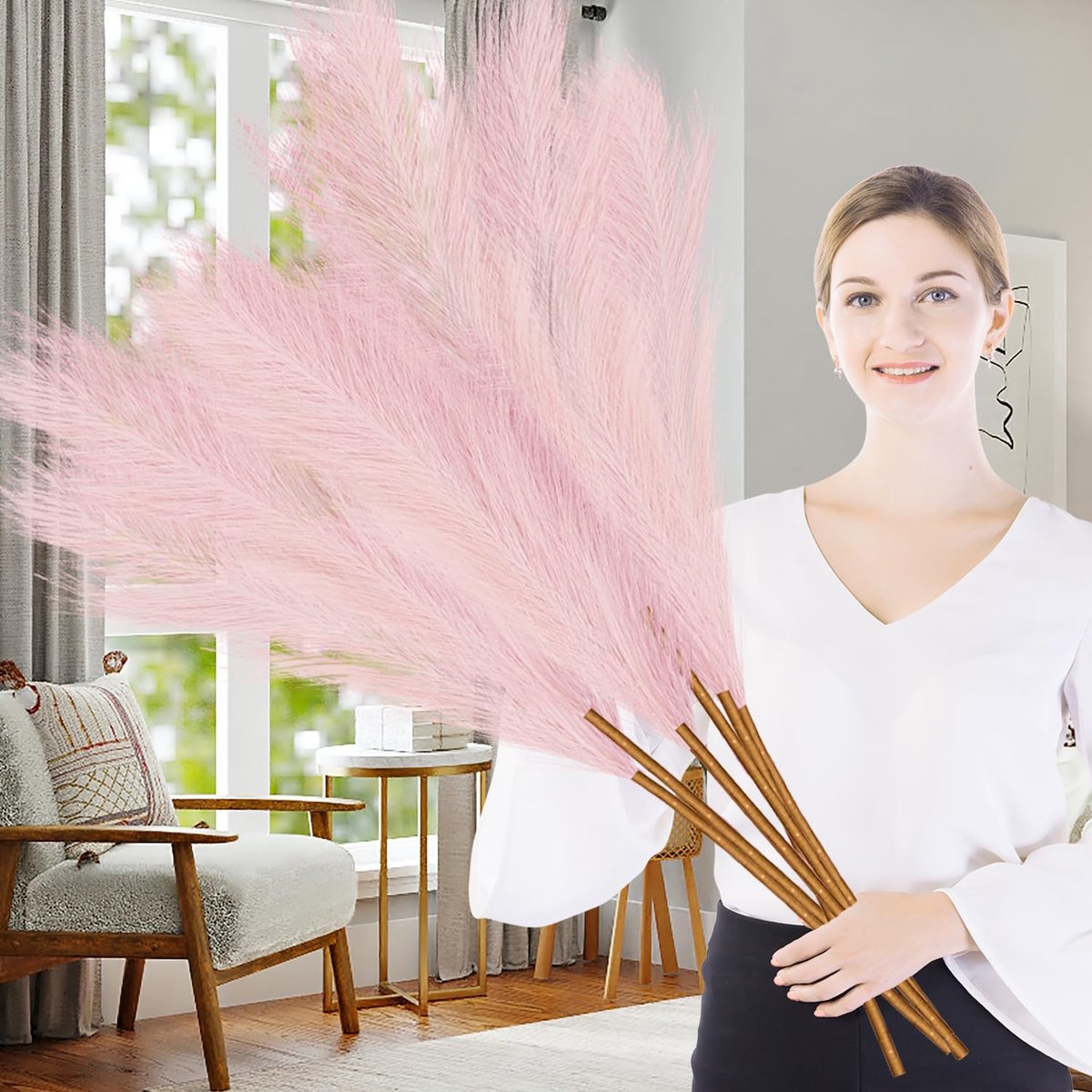 Kunstmatig Pampasgras 97 cm groot gedroogd lang Pampasgras voor vloervazen, pluizig faux Pampasgras voor bruiloft, woonkamer, slaapkamer, bohemien, huisdecoratie (roze)