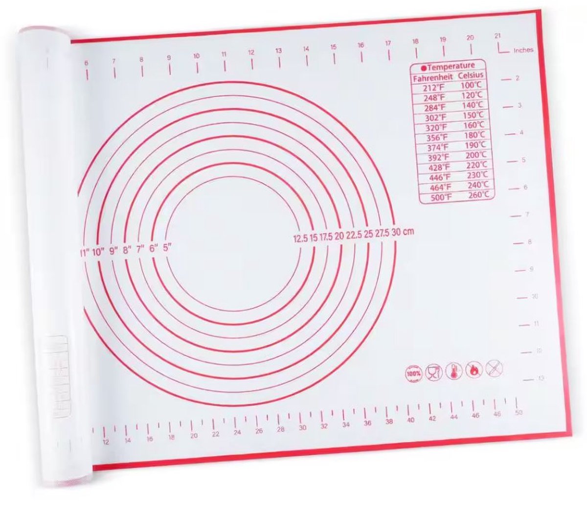 Bakmat - Ovenmat - Siliconen bakmat - Anti-aanbak mat - Baking mat - 70x50 cm - Met afmetingen - Wit met rood - Herbruikbaar - Oven matje - Jonyx