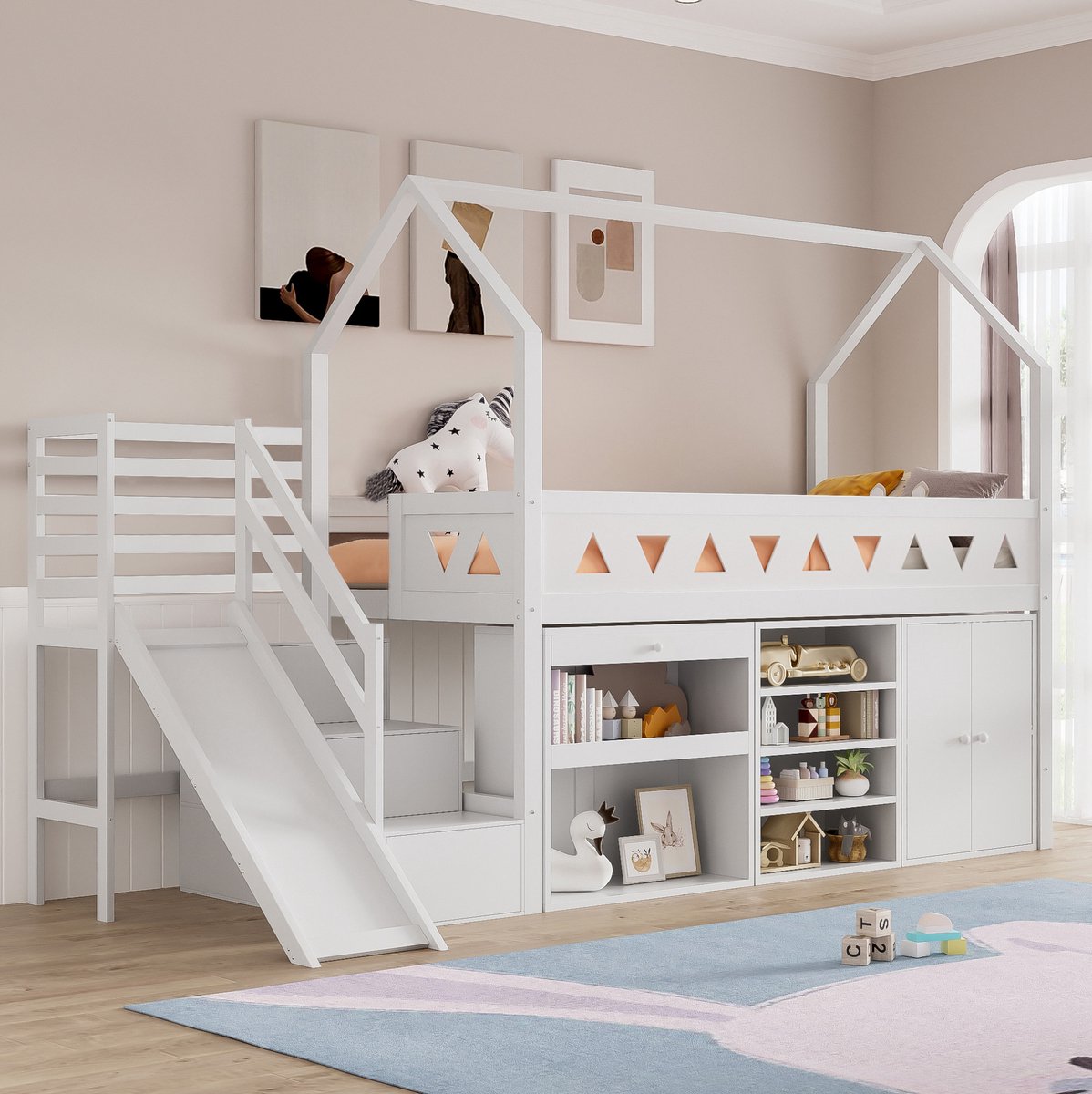 MIVRAY Hoogslaper 90x200 cm - Kinderbed Met Glijbaan, Trap en Opbergruimte - Zonder Matras - Massief Hout en MDF - Wit