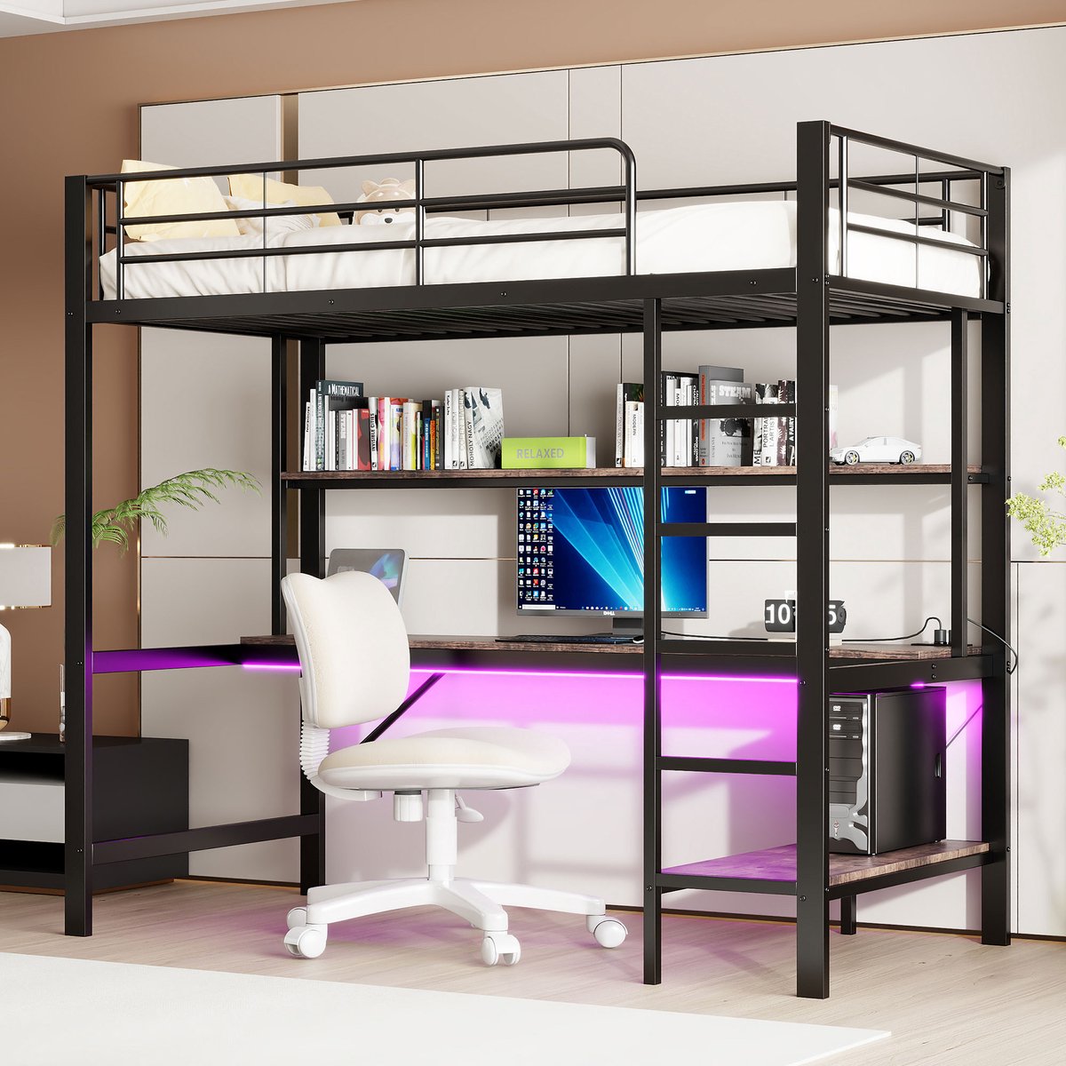 Hoogslaper 90x200 cm - Met bureau, opbergplanken & led-verlichting - Metaal - Zwart - Zonder matras
