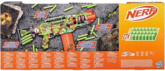 Zijkant van de Nerf Zombie Corrupter-verpakking, met blaster, darts, en waarschuwingen.
