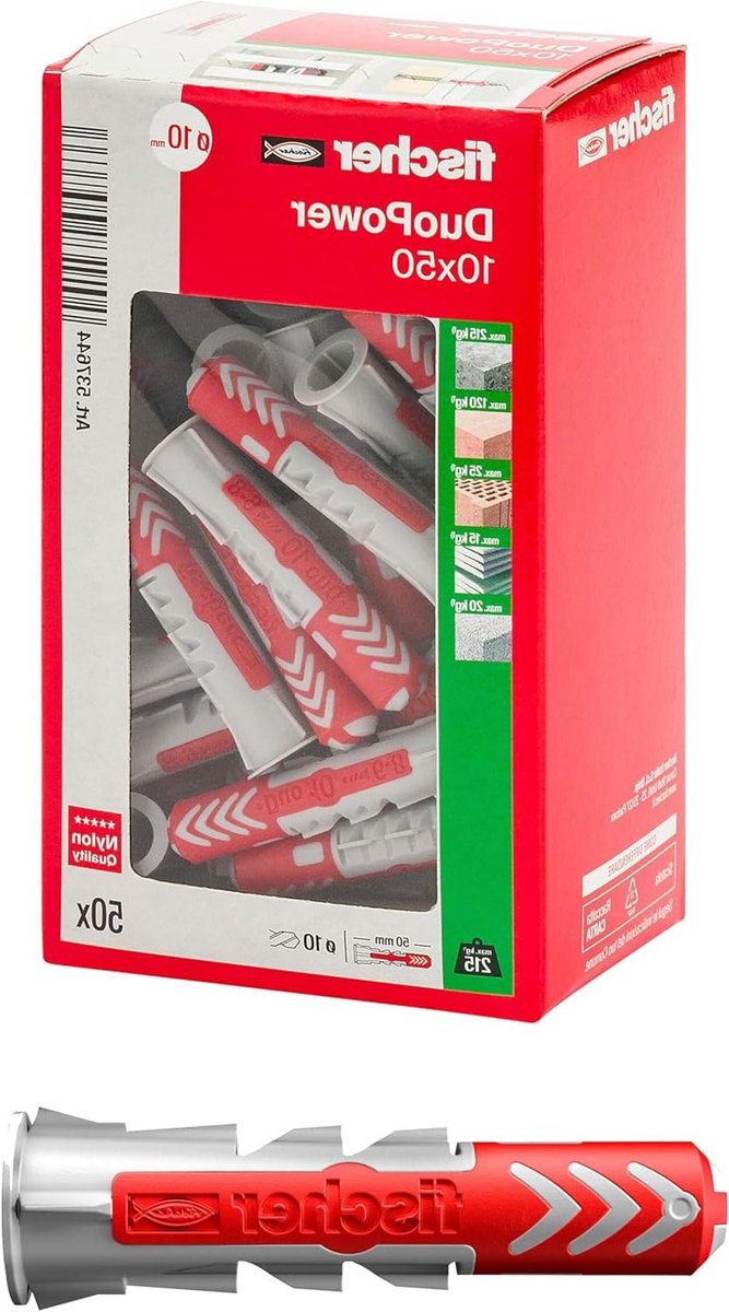 DuoPower Pluggen - Nylon Pluggen Bevestiging - Muren Bevestigen - Twee Componenten Technologie - 10 x 50 mm - Grijs/Rood