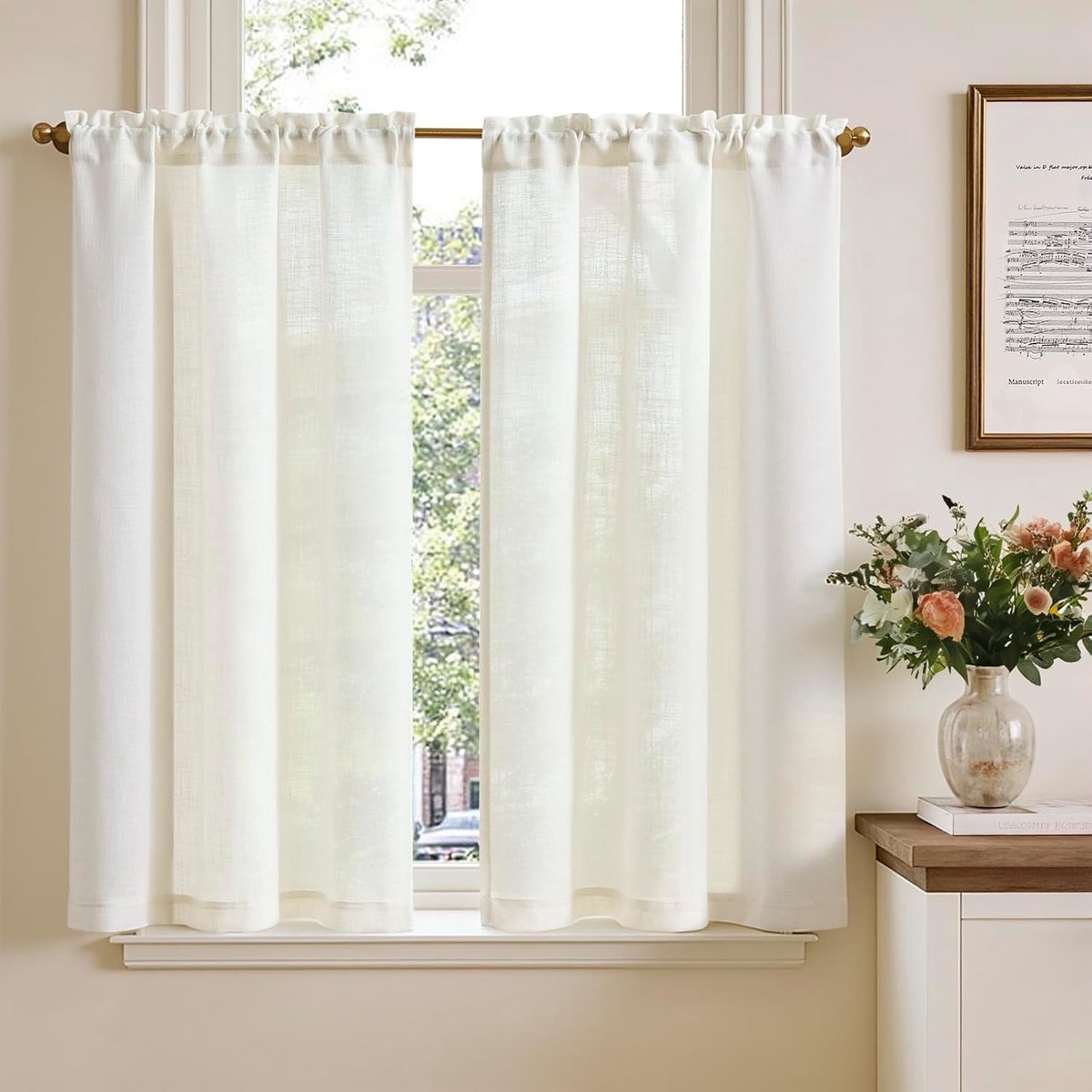 Vitrage, linnen, bistrogordijnen, halftransparant, lichtfiltering, modern, voor woonkamer of keuken, landelijke stijl, kleine ramen, set van 2, 65 x 115 cm, wit