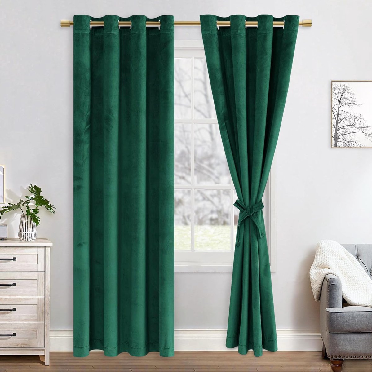 Fluwelen verduisteringsgordijnen, set van 2 zachte verduisterende gordijnen met oogjes voor slaapkamer, 140 x 225 cm (b x h), donkergroen