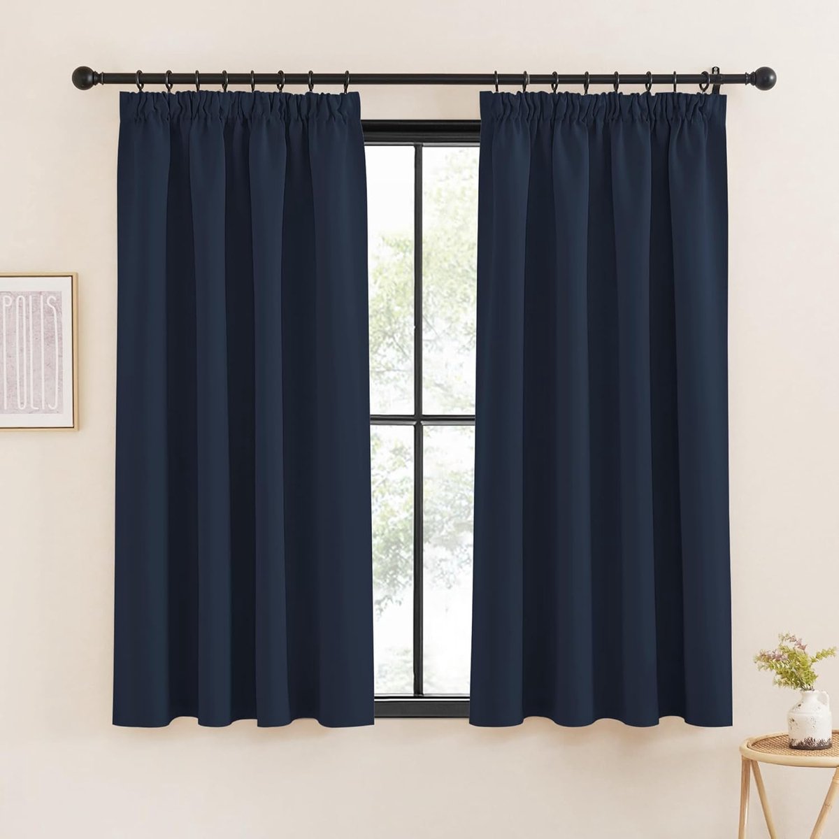 Verduisteringsgordijnen met plooiband, korte slaapkamer, set van 2, 160 x 140 cm (H x B), thermogordijn, ondoorzichtig, raamgordijnen, thermische gordijnen voor railsysteem, donkerblauw
