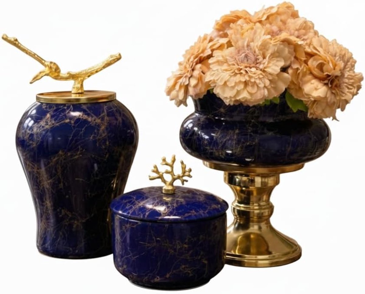 marmeren decoratieve vaas set met gouden vogel en koraal accenten, 3-delige woondecoratie collectie