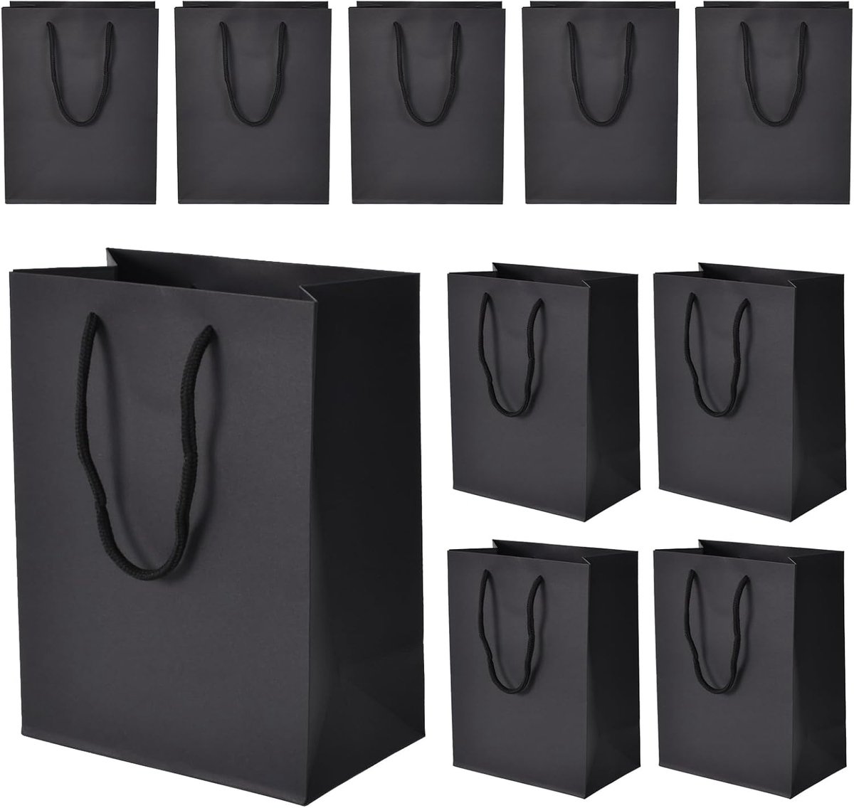 10 stuks papieren zakken met handvat, 18 x 10 x 23 cm, herbruikbaar kraftpapier zakken voor levensmiddelen, bakken, merchandise, winkelen, verjaardag, bruiloft, kerstfeest, zwart