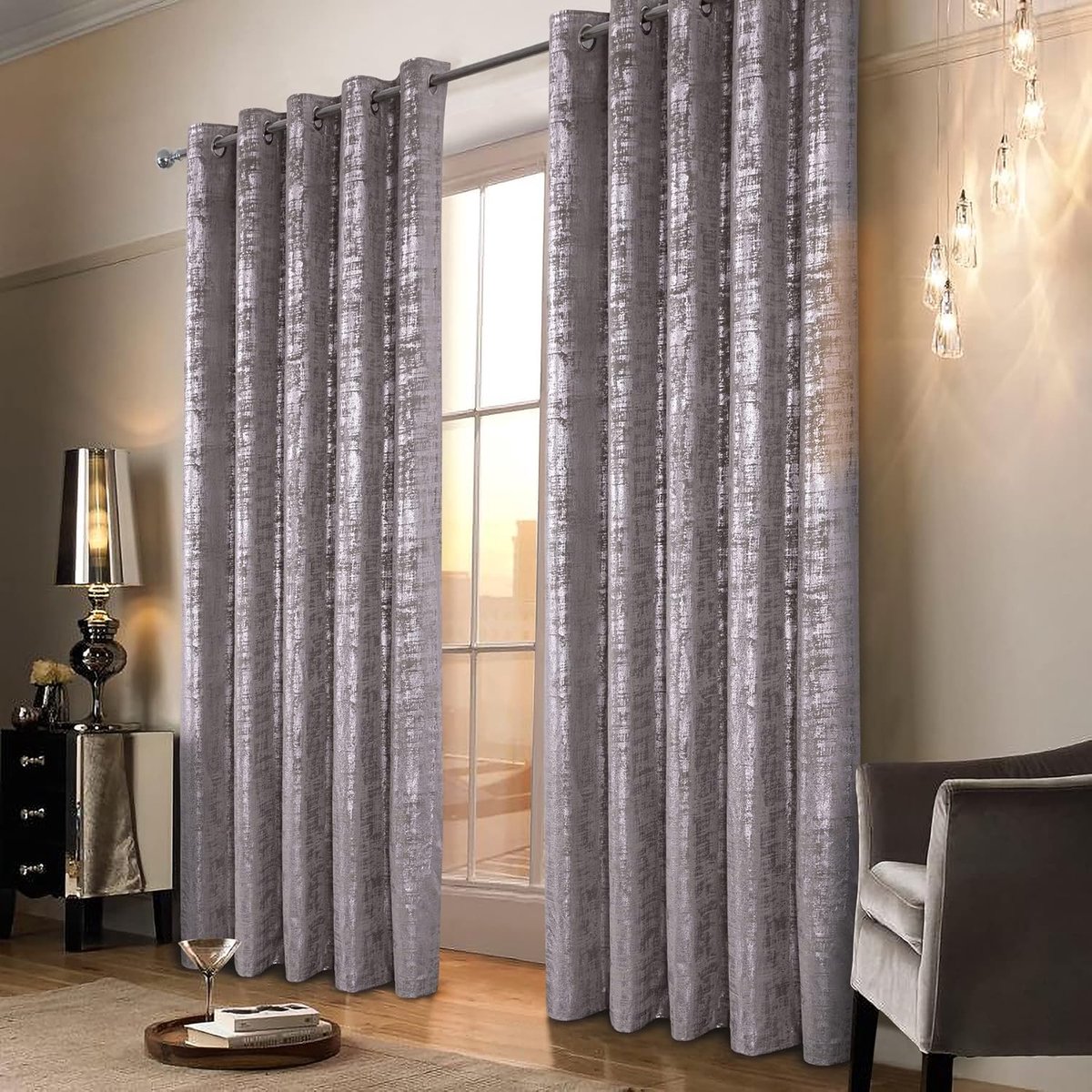 always4u 100% zilveren fluwelen gordijnen, thermische isolatie, zachte en kreukvrije stof, dubbel gordijn met oogjes, voor slaapkamer, woonkamer, keuken, champagne, 140 x 245 cm, 2 stuks