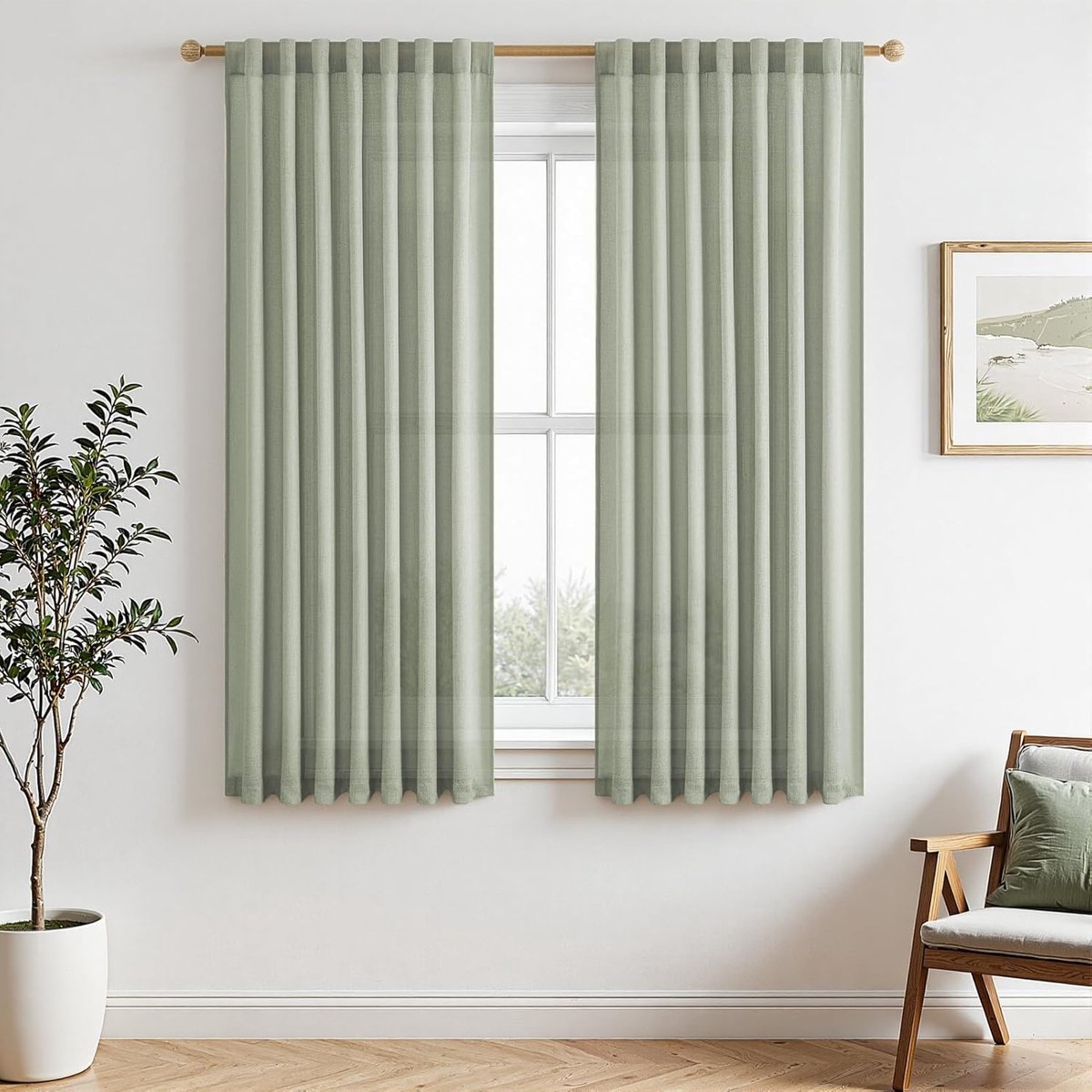 Linnen gordijnen voor binnen, korte keuken, raam, slaapkamer, woonkamer, modern, saliegroen, 2 stuks, 140 x 180 cm, semi-transparante gordijnen voor woonkamer, raamgordijn met verborgen lussen