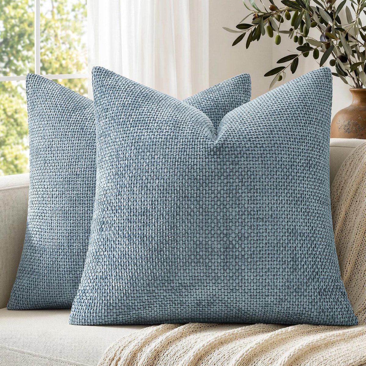 Kussensloop, 50 x 50 cm, blauw, grijs, chenille, kussenhoezen, bankkussen, sierkussen voor bed, bank en woonkamer, set van 2