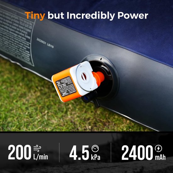 Namajunas - Ultrakrachtige mini-luchtbedpomp met kampeerlicht - 4.5 kPa elektrische luchtpomp - Luchtcompressor - Zwembadpomp - 2400 mAh - Draadloos & Oplaadbaar - Perslucht - Luchtbed pomp voor slaapzak, kampeeruitrusting en vacuümopbergzakken van Namajunas — afbeelding 4