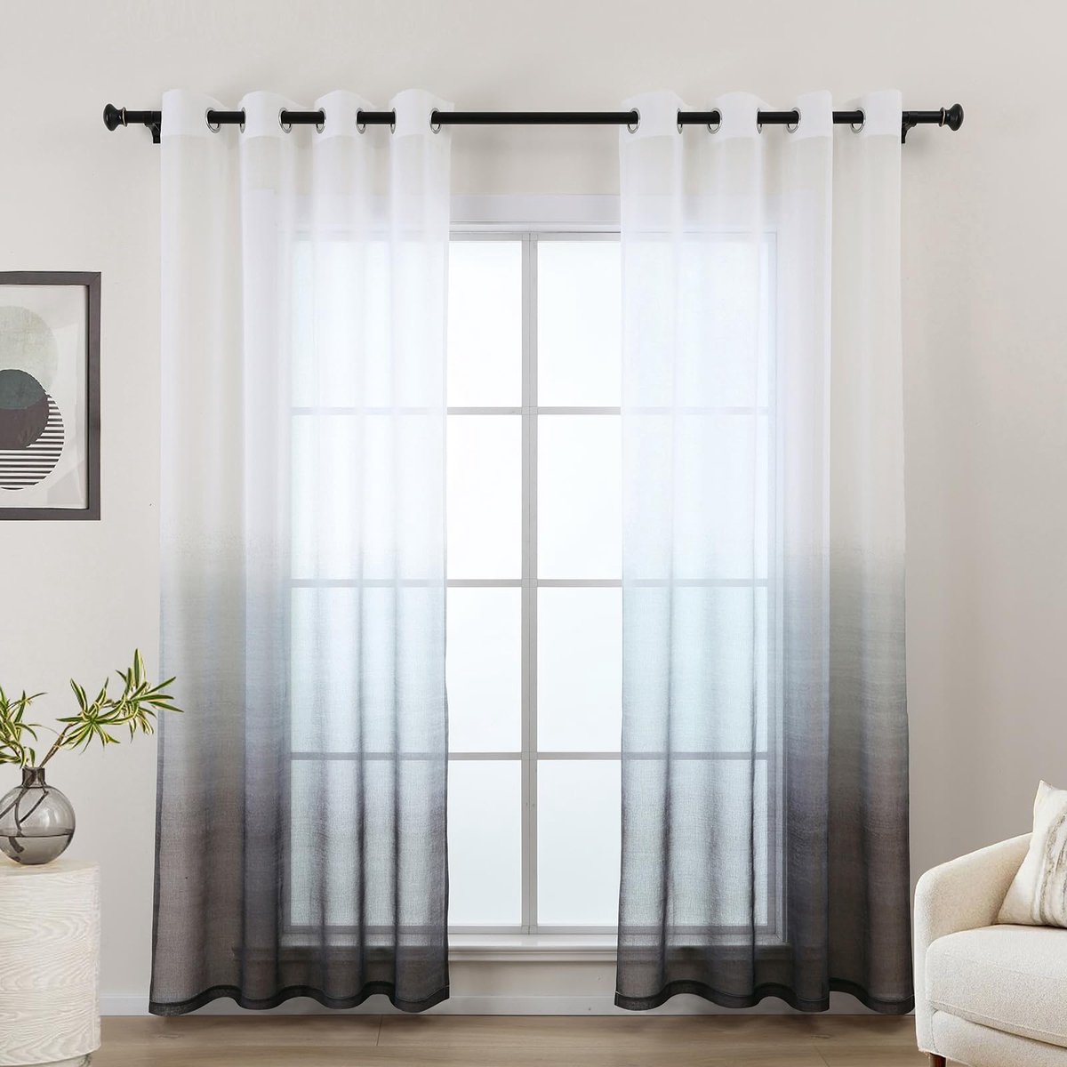 Gordijnen voor woonkamer, gordijnen wit grijs kleurverloop, transparante gordijnen, gordijn grijs voor de slaapkamer, 175 cm lang, met oogjes, verloop patroon, set van 2 gordijnen met ogen