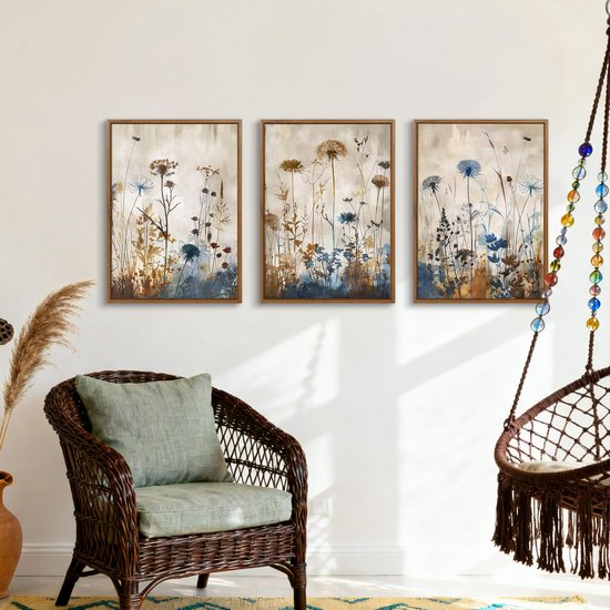 3 Stks Minimalistische Planten Paardenbloem Ingelijst Canvas Muurkunst Set, Blauw Bruine Bloemen Botanische Muurdecoratie Noorse Rustieke Stijl Muurschildering Kunst Afdrukken Foto's voor Woonkamer — afbeelding 2
