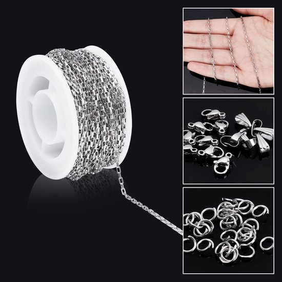 10M 32.8 Voeten Rvs Box Chain Bulk Venetiaanse Kettingen Zilveren Ketting Roll Rechthoek Link Kettingen met Open Jump Ringen Voor Sieraden Maken Vrouwen Volwassenen DIY Kettingen Armbanden — afbeelding 2