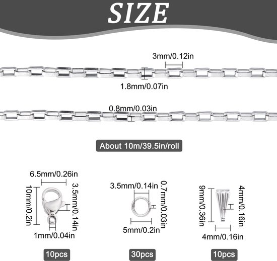 10M 32.8 Voeten Rvs Box Chain Bulk Venetiaanse Kettingen Zilveren Ketting Roll Rechthoek Link Kettingen met Open Jump Ringen Voor Sieraden Maken Vrouwen Volwassenen DIY Kettingen Armbanden — afbeelding 5