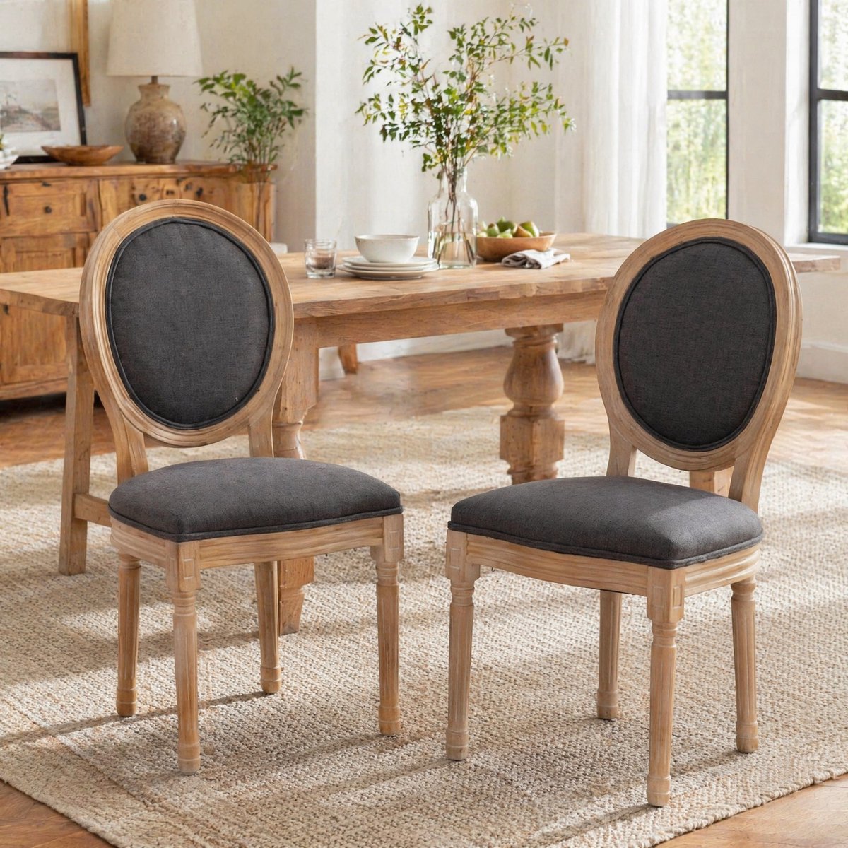 DESMIU Eetkamerstoel - Franse Stijl - Set Van 2 - Zachte Stoffen Bekleding Met Massief Hou