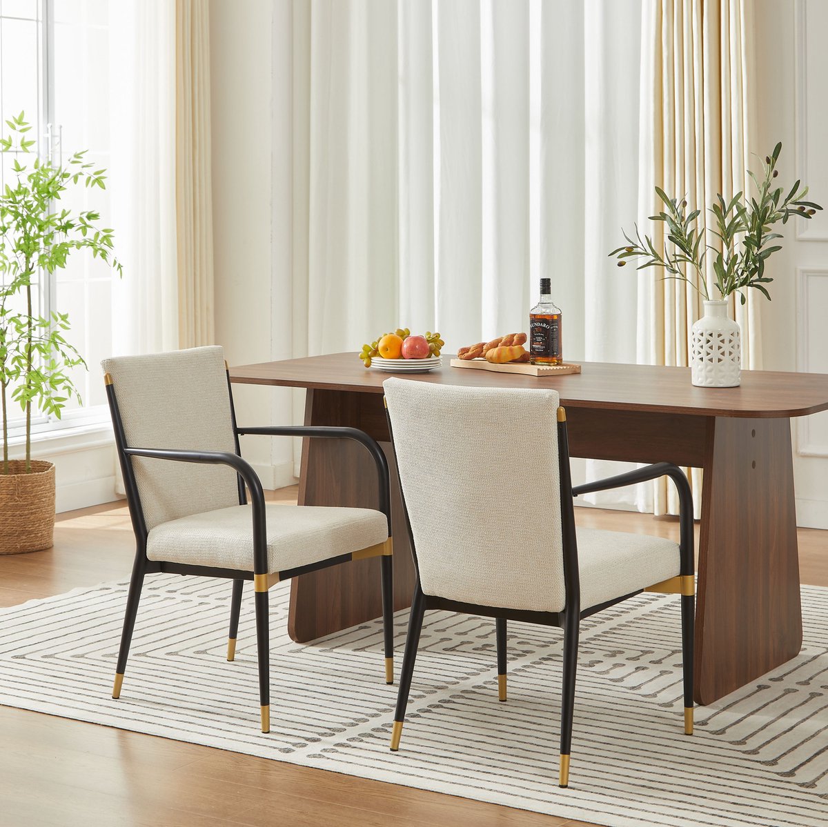 DESMIU Eetkamerstoel 57 x 59 x 86 Cm - Set Van 2 Met Armleuning En Verstelbare Stoelpoot - Voor Eethoek En Eetkamer - Stof Beige