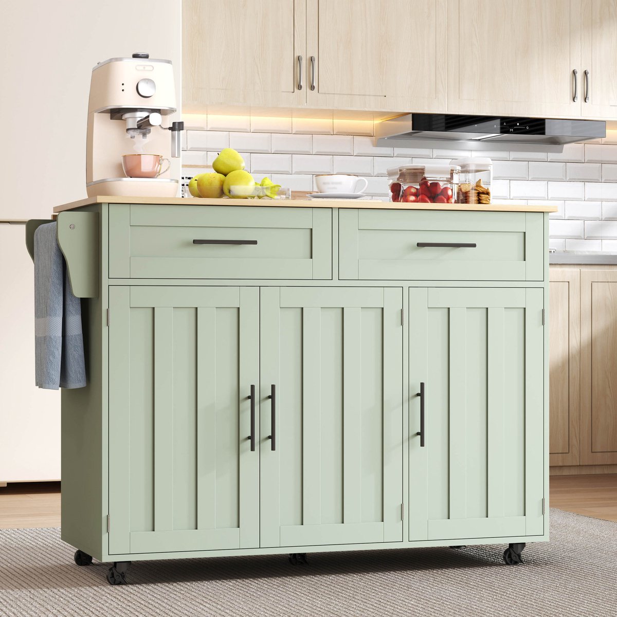 MIVRAY Keukenkast - Keukeneiland Met Opklapbaar Werkblad En Wieltjes - Veel Opbergruimte Voor Keuken En Eethoek - MDF - 129x46x91,5 Cm - Antiek Groen