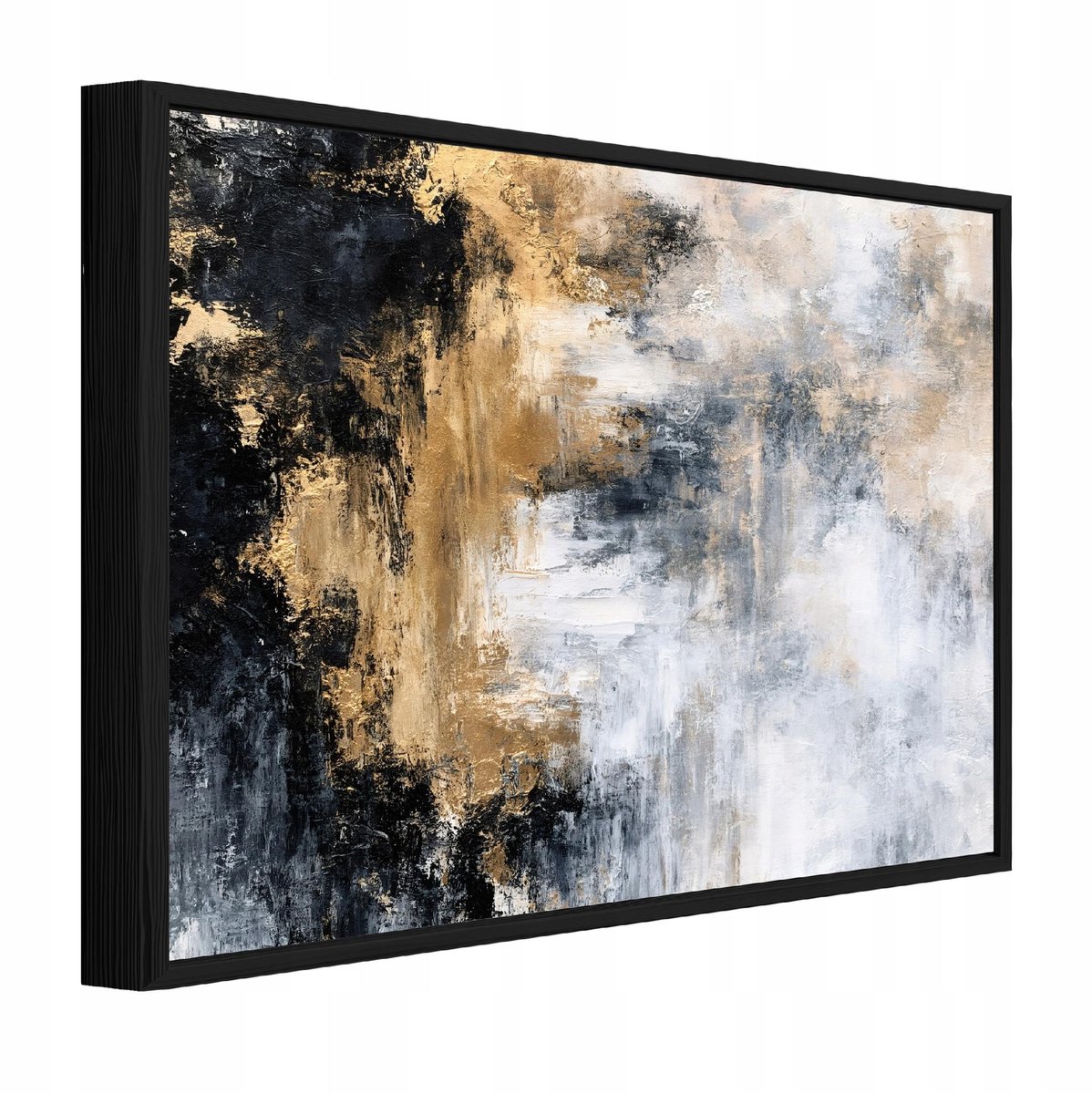 Schilderij op canvas in zwarte lijst - 60x40 cm - gouden abstractie - wanddecoratie woonkamer en slaapkamer