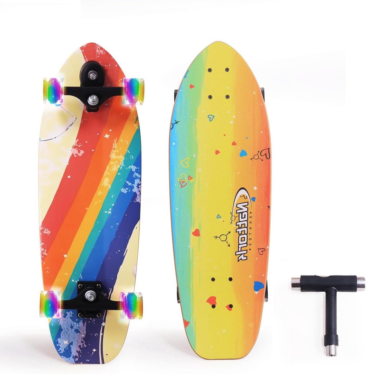 Compleet Skateboard Cruiser Skateboard Beginners Leren Dubbele Kicktail 29 x 8 inch Regenboog