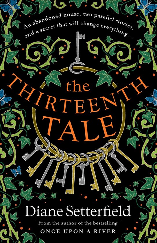 Couverture du livre 'The Thirteenth Tale' avec un cercle de clés, des volutes et des papillons. Le titre et l'auteur sont visibles.