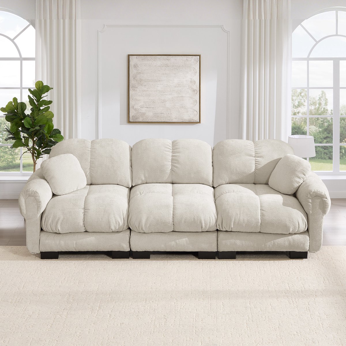 STILVORA Zitbank 3-Zits - Cloud Sofa Met 2 Decoratiekussens En Gestikt Patroon - Modulair Voor Woonkamer - Chenille - Licht Khaki