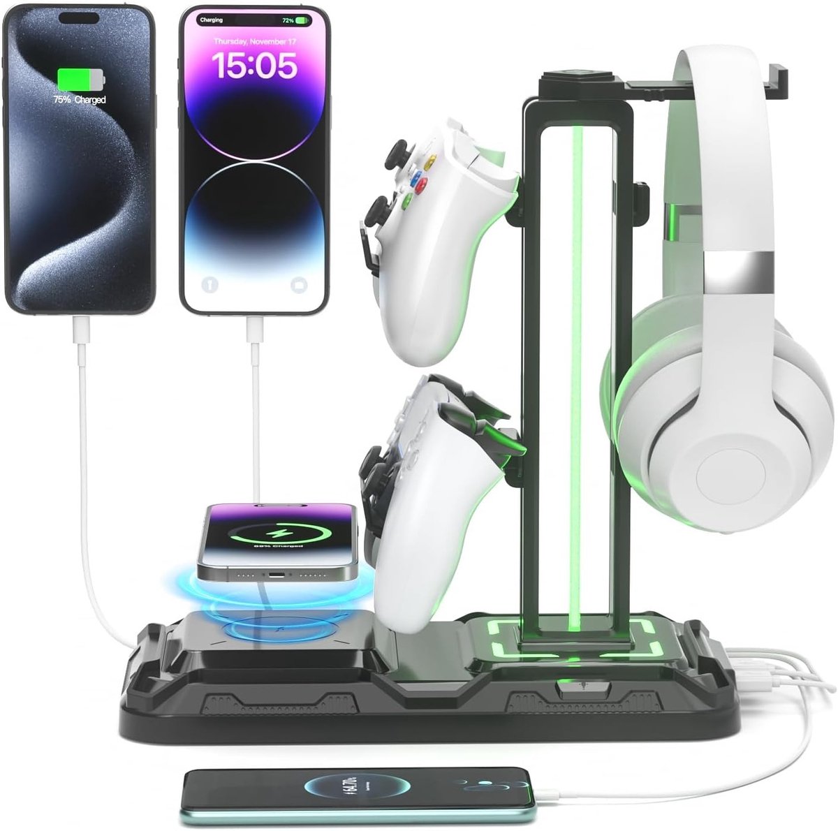 Hoofdtelefoonstandaard met Draaimechanisme en Draadloze Oplading - Gaming Headset Houder met 9 Verlichtingsmodi, 2 USB en Type C Poorten - Desk Accessories voor Gamers en Controllers