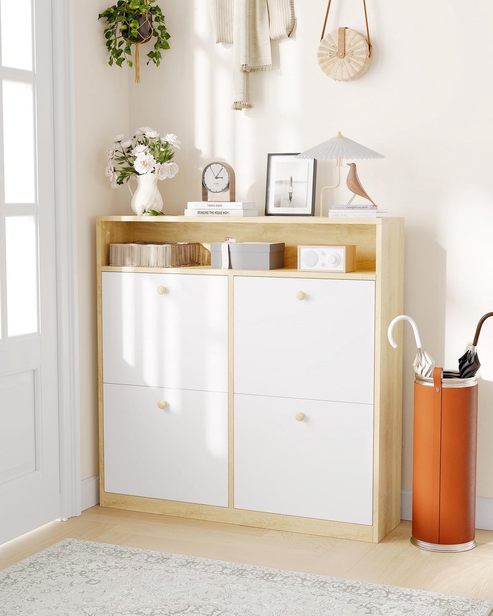 Schoenenkast met 4 Kleppen en Open Planken - 100x24x100cm - Schoenenrek - Schoenenmeubel - Verstelbare Planken - Ruimtebesparend - Ronde Greep - Voor Hal En Woonkamer - Wit