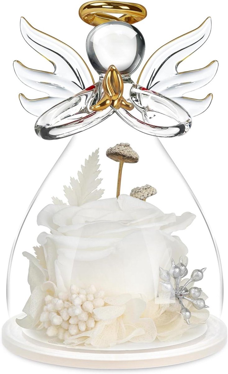 Engel met Roos - Bloemen Beeldje - Cadeau Geven - Eeuwige Bloem - 11 cm Hoog - Wit