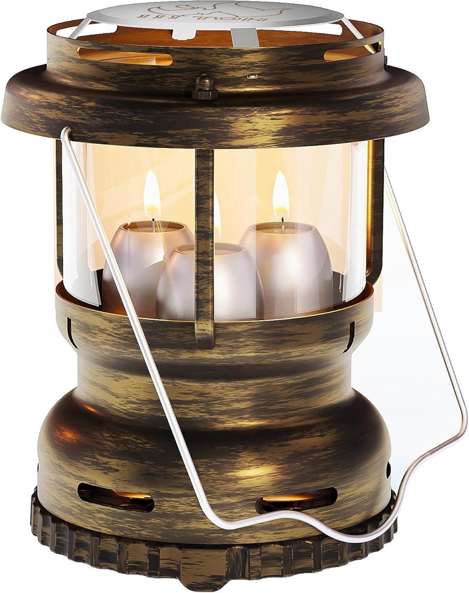 Kaarslantaarn met drie lonten - Noodverlichting lantaarn - Stroomuitval verlichting - Extra lange brandtijd - 18 cm hoogte - Vintage brons