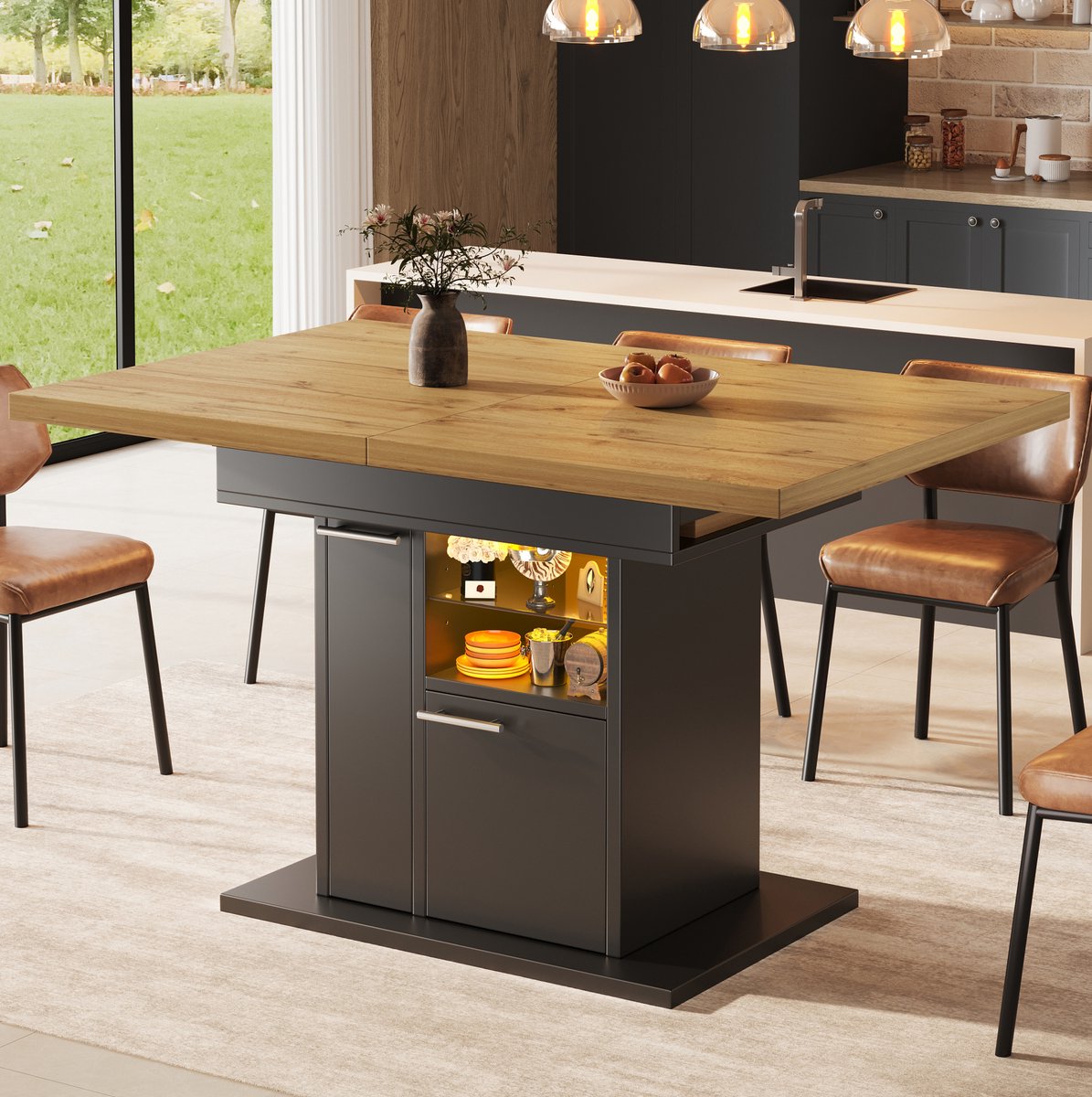 MIVRAY Eettafel - Uitschuifbaar Met Opbergruimte En Ledverlichting - Voor Kleine Ruimtes En Etentjes - MDF - 110-140x80x77,2 Cm - Zwart
