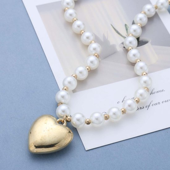 Halsketting met parels, hart, dik, met gouden parels, vintage parelketting, puffy, liefde, parelketting, sieraden voor vrouwen — afbeelding 2
