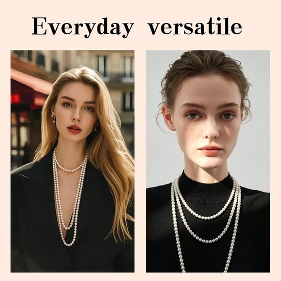 Parelketting 150 cm wit, mooie glazen halsketting 8 mm, veelzijdig draagbaar, voor Gatsby-feest, kostuum en accessoires voor dames — afbeelding 3