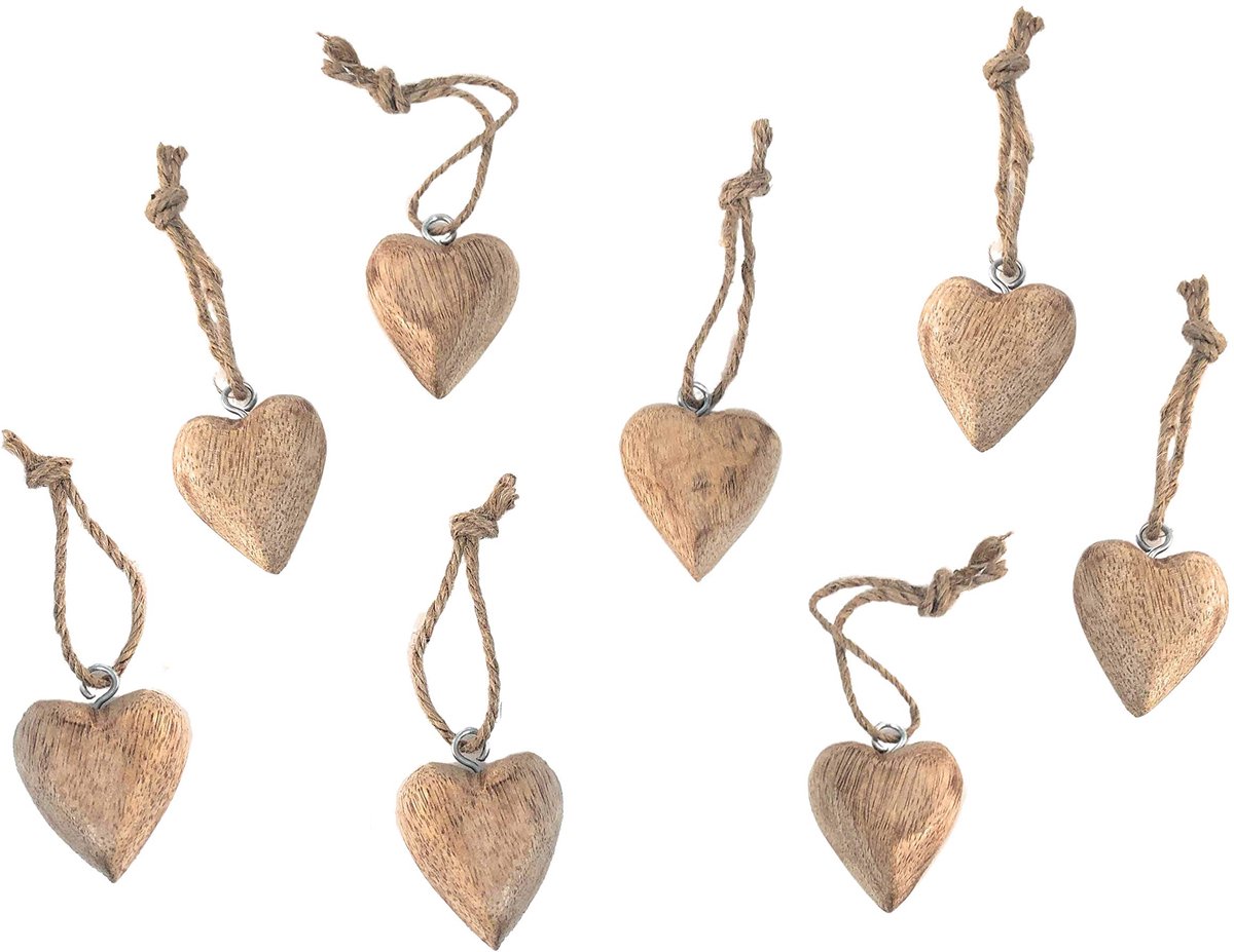Houten Hangerset Hart 4 x 4,5 cm - 8-Delige Set Harten om op te Hangen met Jute Band - Rustieke Decoratie - Vintage Mini-Decoratie voor Geschenken - Souvenirs