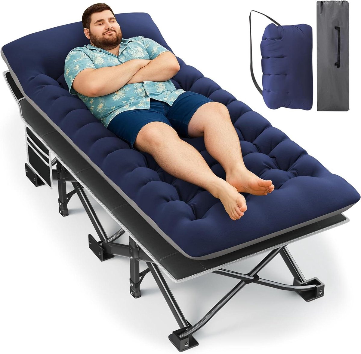 Campingbed met Matras - Opklapbaar Bed - Comfortabel Slapen - Extra Breed Ontwerp - Tot 270 kg - Blauw