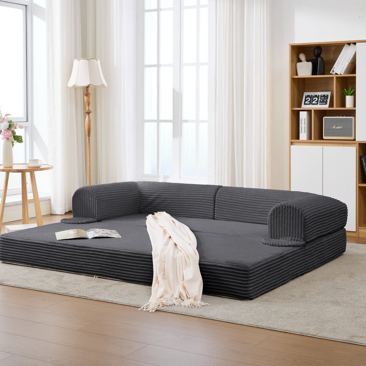 MIVRAY Slaapbank 202 x 84 cm - 2-in-1 Uitschuifbare Bedbank Voor Woonkamer En Logeerkamer - Kordstof Bekleding - Grijs