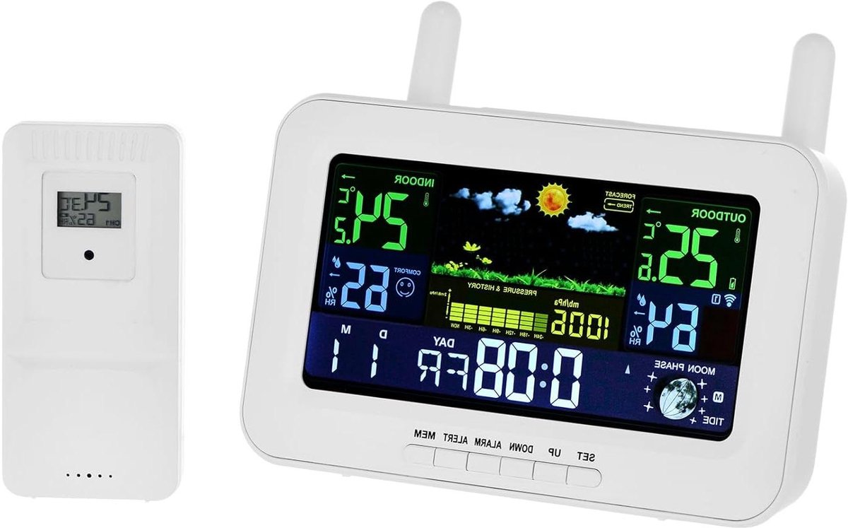 Draadloos Weerstation - Binnen Buiten - Weersvoorspelling Thuis - Kleurenscherm & Alarm - 7.5 Inch Display - Zwart