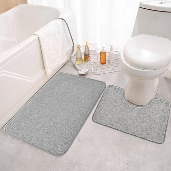 2-delig Badkamertapijten - microvezel - antislip - wc-mat met uitsparing - wasbare badmatset - kleine badmatten voor badkamer - vrijstaande toiletten - 50 x 80 + 50 x 40 cm - grijs