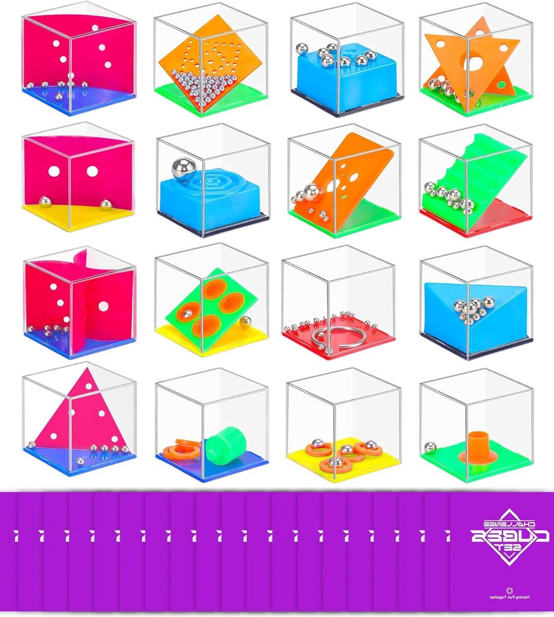 Geduldspellen voor Kinderen - Mini Puzzel Kubussen - Logisch Denken Trainen - 16 Unieke Puzzels - 38 cm - Paars