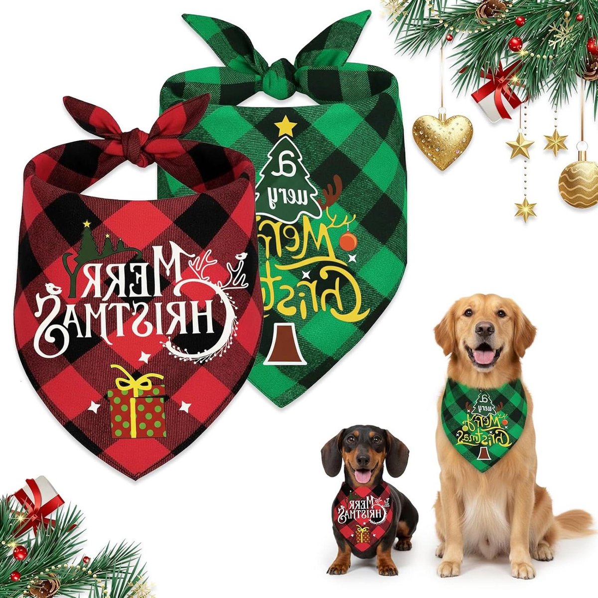 Kerst Honden Bandana - Hondenhalsdoek Kerstmis - Feestelijke Decoratie - Dubbellaags Katoen - 62 cm lengte - Rood/Groen