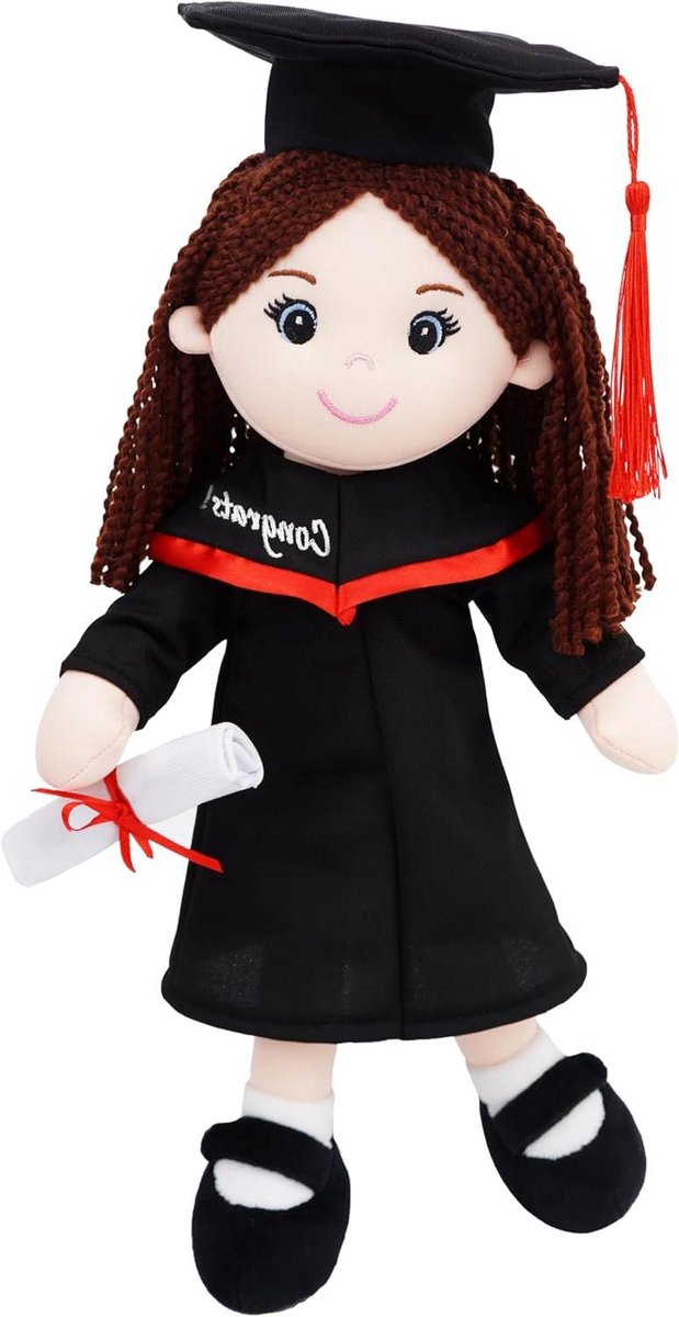 Afstudeer Knuffelpop - Pluche pop Zachte pop - Afstuderen Vieren - Met Afstudeer Cap en Jurk - 38 cm - Meisje