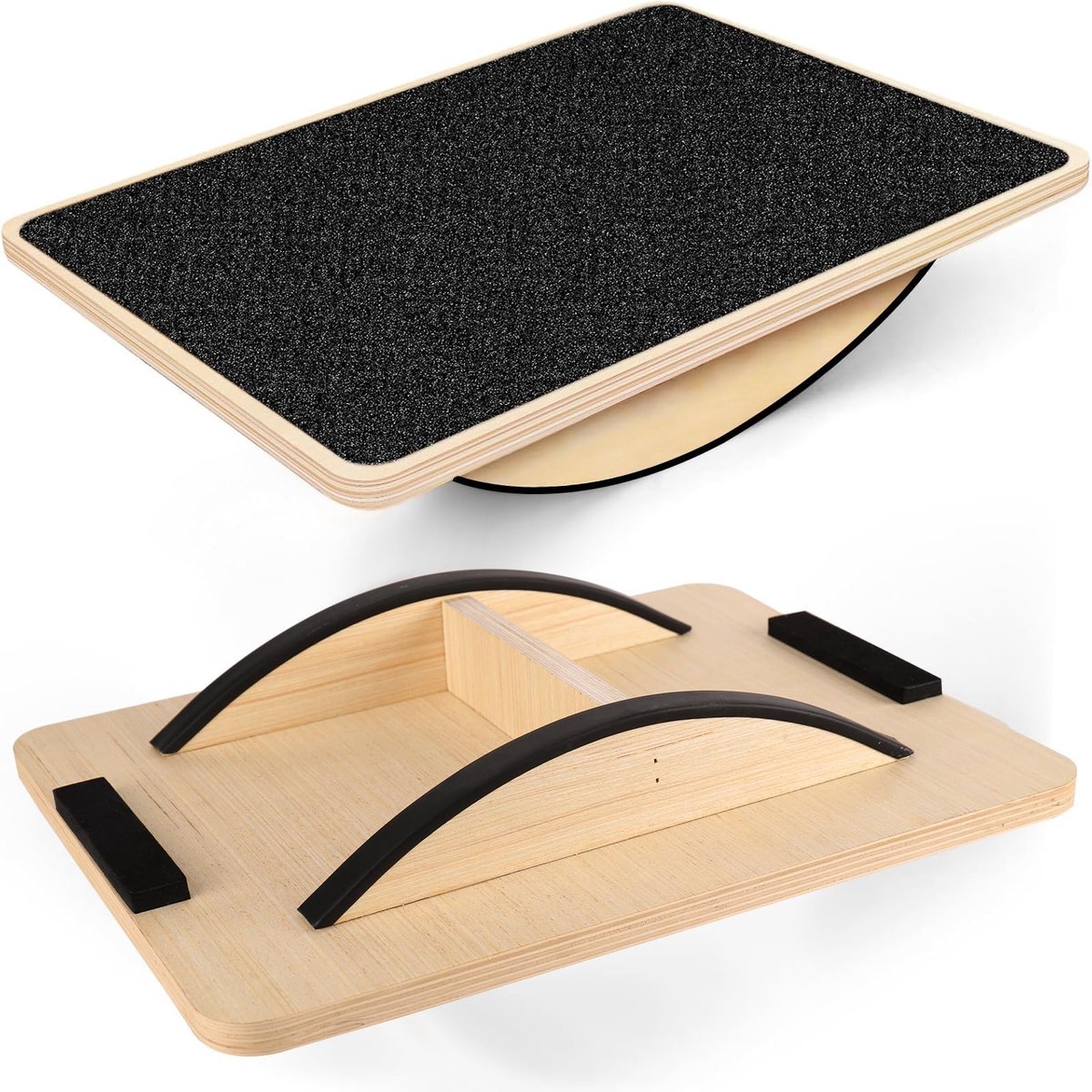 Balance Board van hout, premium balansboard en wiebelplank voor volwassenen, antislip evenwichtstrainer met lichaamsbalans-oefening, 33 x 42 cm, monobord (zwart, natuurlijk hout)
