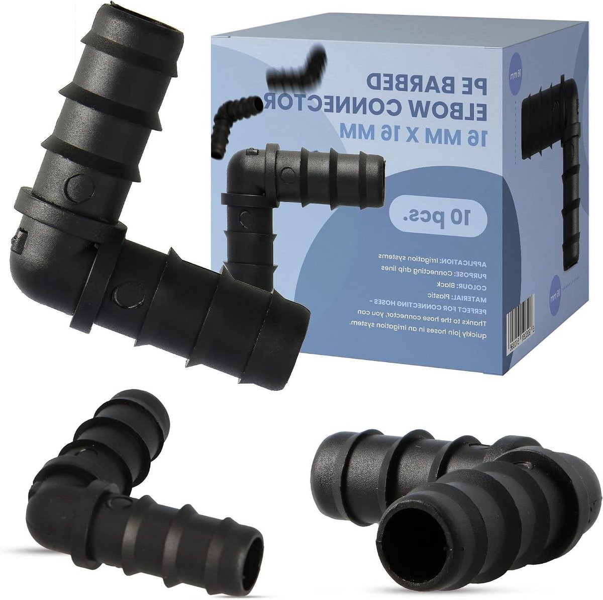 PE-connector hoekstuk - Tuinirrigatie koppeling - Druppelslang aanleggen - Zonder gereedschap te monteren - 16 x 16 mm - Zwart