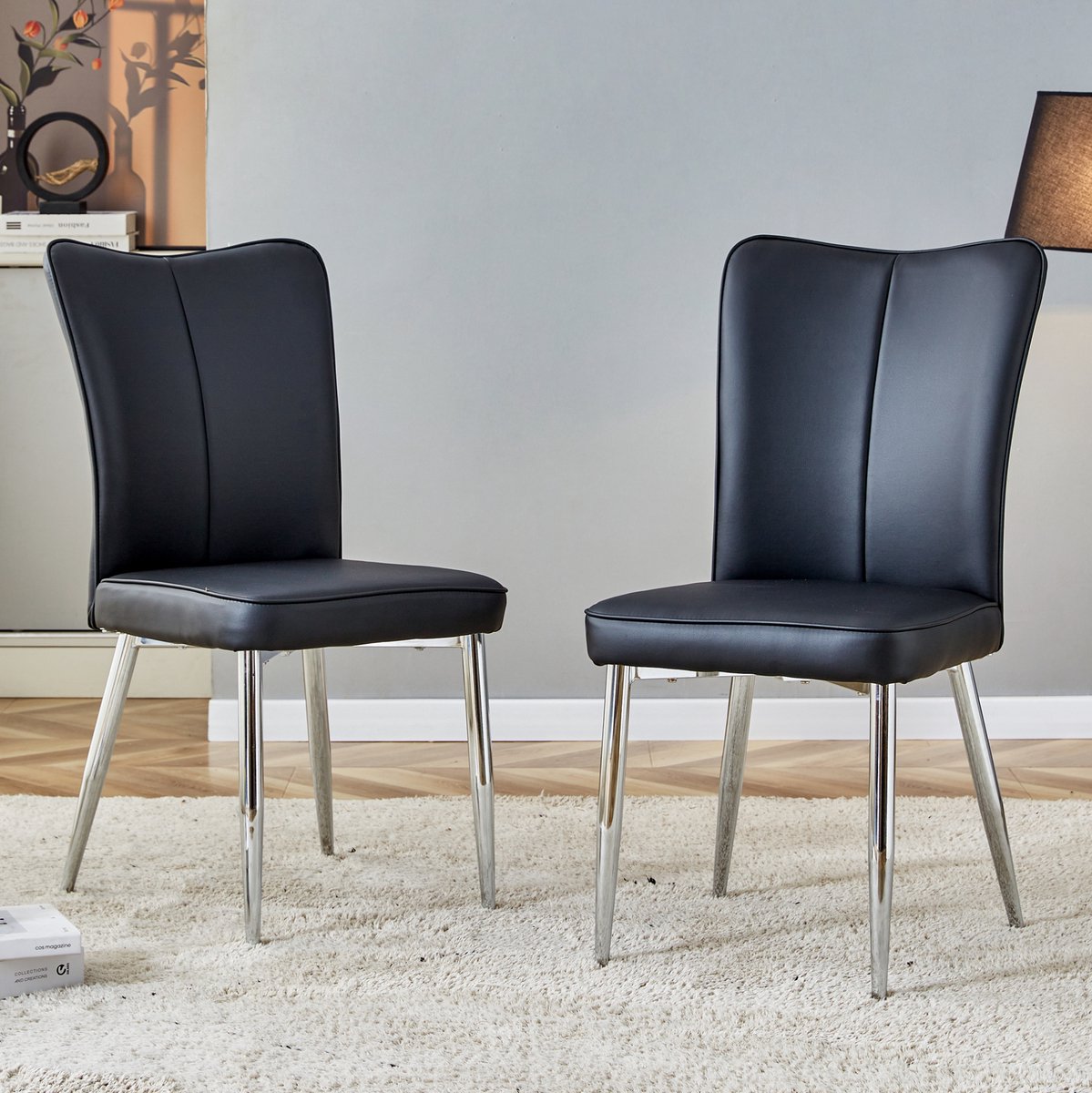 DESMIU Eetkamerstoel Set Van 2 - Hoog Rugleuning En 6 Cm Zitting - Voor Eetkamer En Bureau - Kunstleer En Metaal - Zwart Zilver