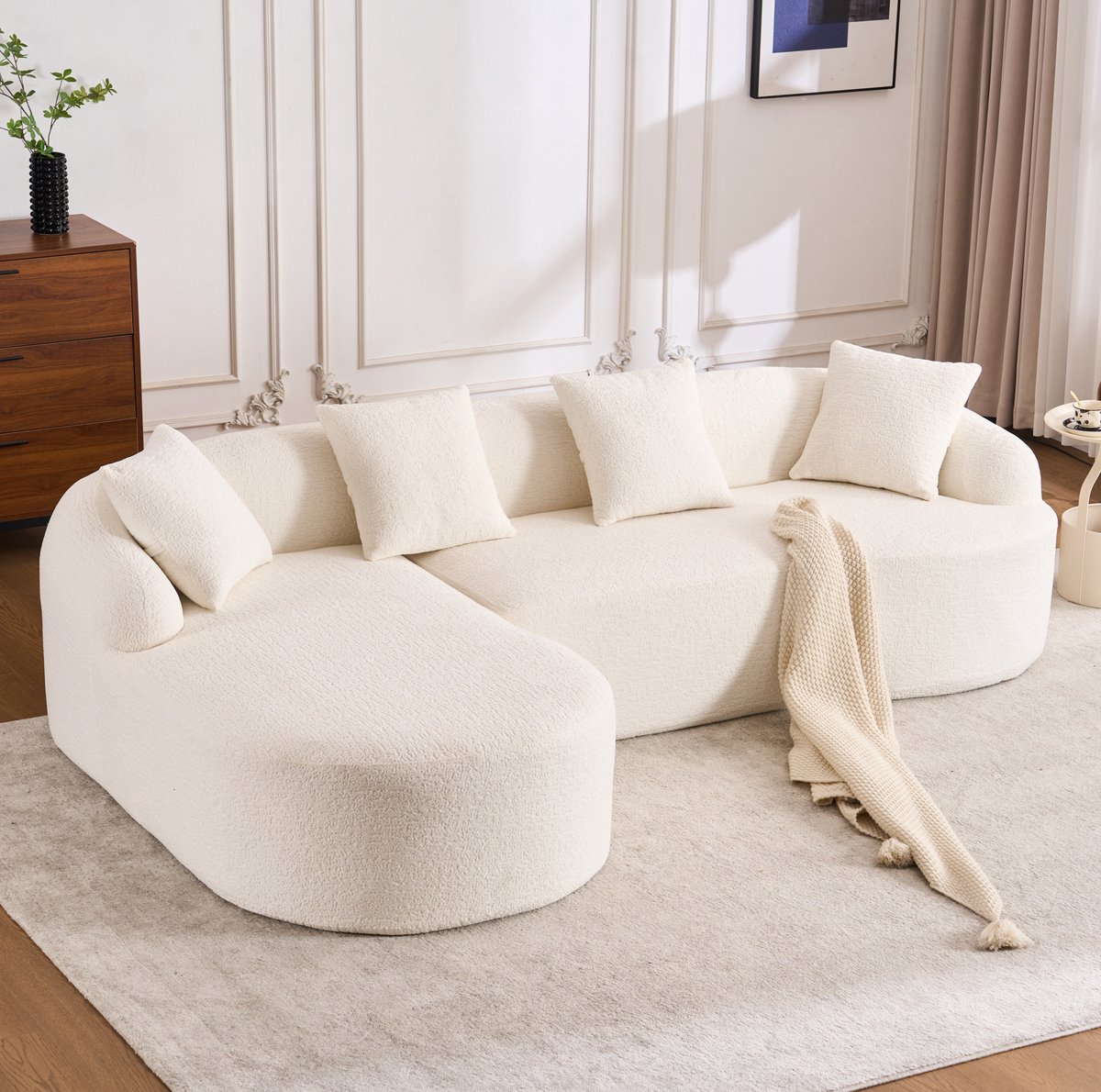 FloraGrace Hoekbank 3-Zits - L-Vormig Met Linkse Chaise Longue - Gebogen Design En Zachte Chenille - Voor Woonkamer Of Kantoor - Off White
